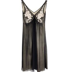 Megan Park Silk Midi Floral Embroidered Babydoll Dress | Black Cream | SZ 6